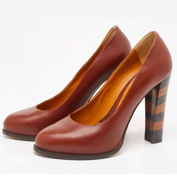 FENDI Brown Burgundy Leather Pequin Block Heel Pumps Size 40 - Picture 1 of 10